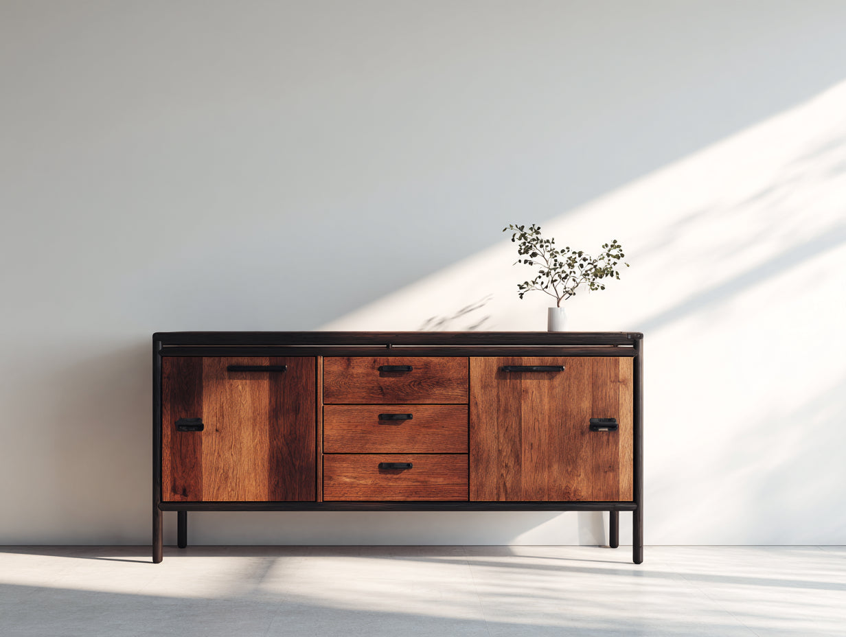Mueble recibidor de madera con 2 puertas y 3 cajones 165x44x86 cm - nogal y negro - diseño industrial para entrada