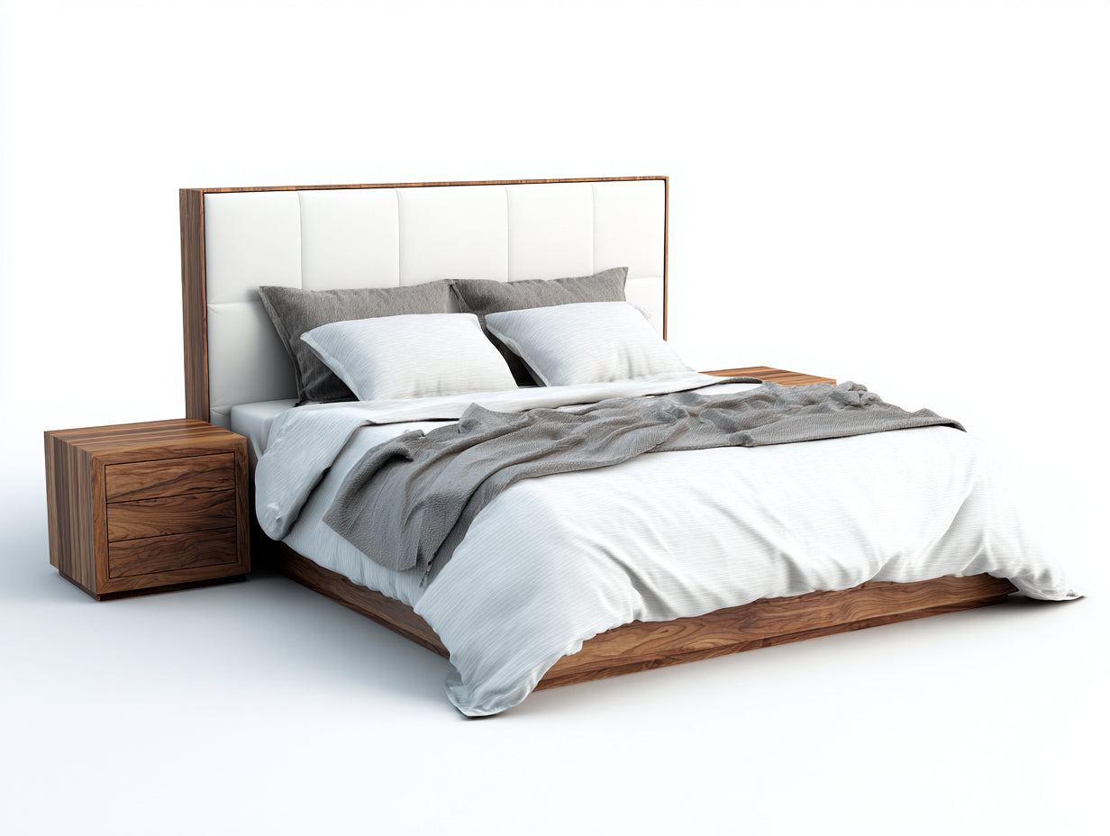 Camas dobles de madera y cabecero tapizado 220x180x125 cm - nogal y blanco - diseño moderno para dormitorio