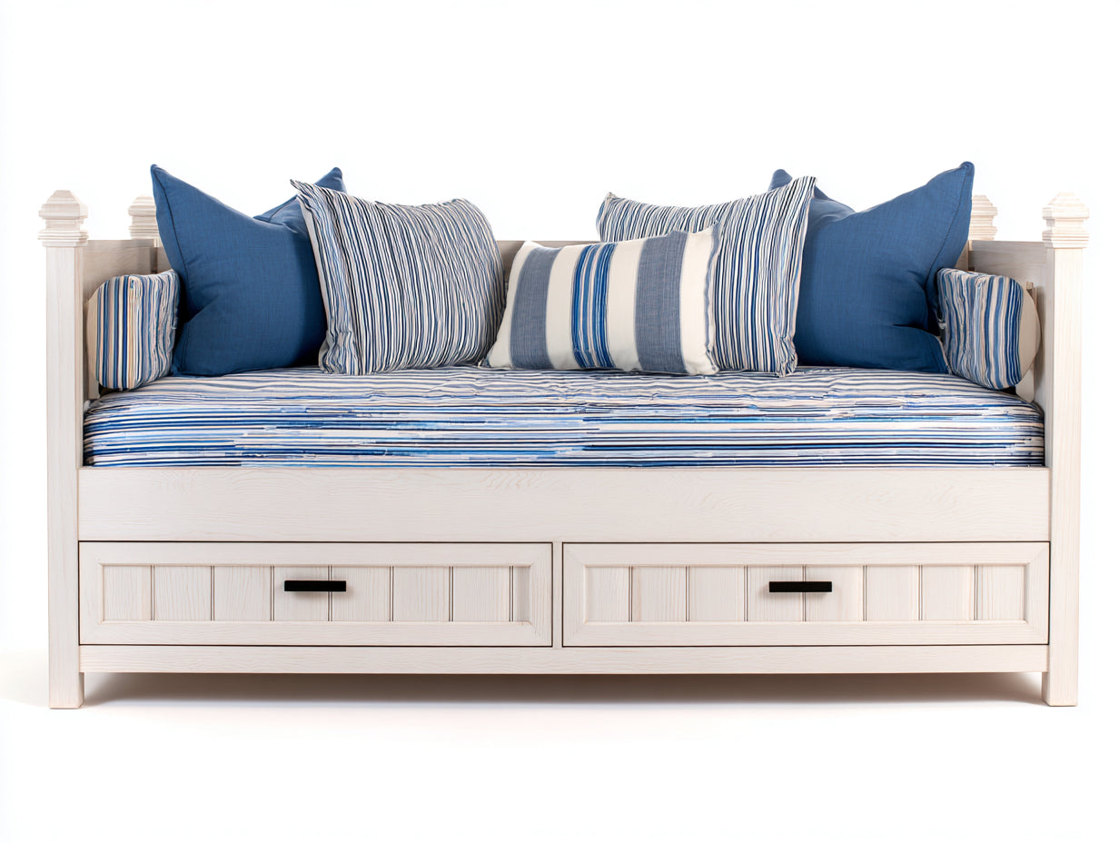 Sofás cama de madera 206 x 102 x 94 cm - Blanco y azul - Diseño costero con 2 cajones integrados