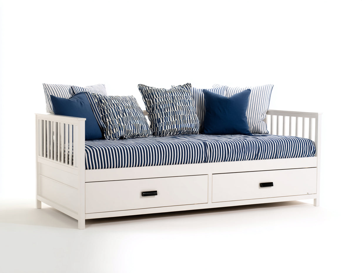 Sofás cama de madera 205 x 100 x 90 cm - Blanco y azul marino - Diseño costero con 2 cajones integrados