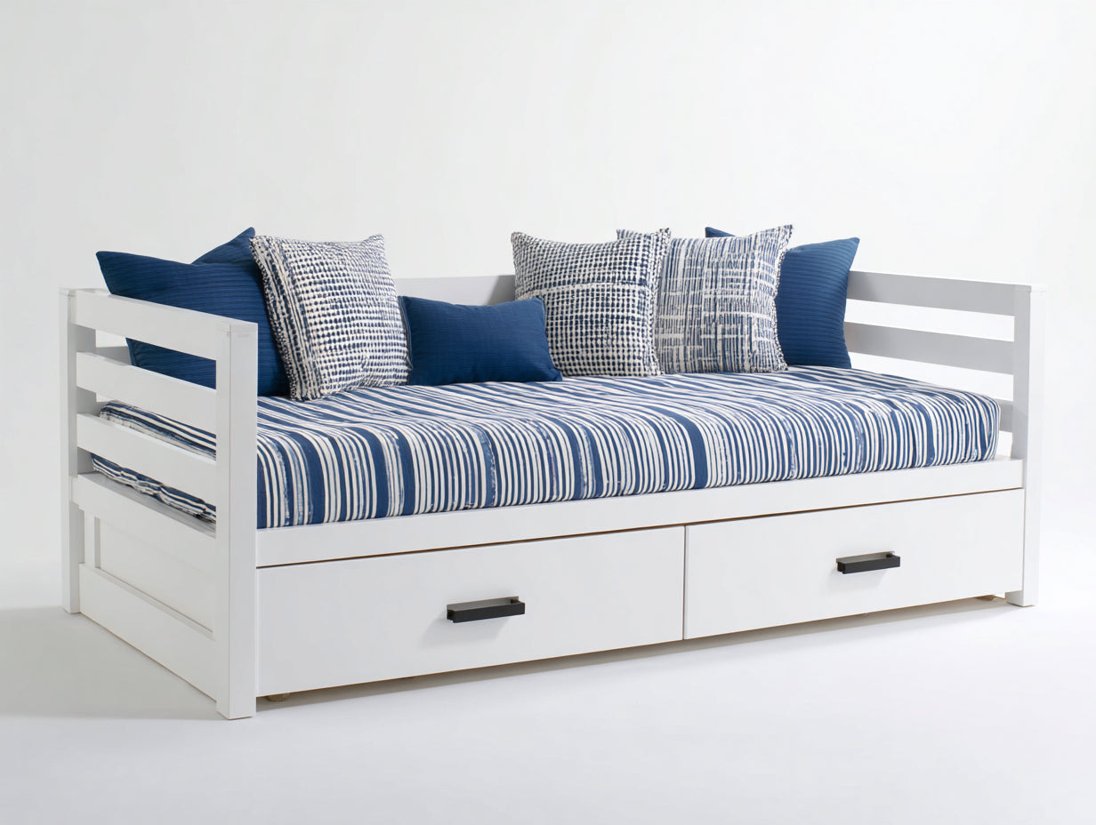 Sofás cama de madera con 2 cajones 205x95x90 cm - blanco y azul - diseño marinero para dormitorio