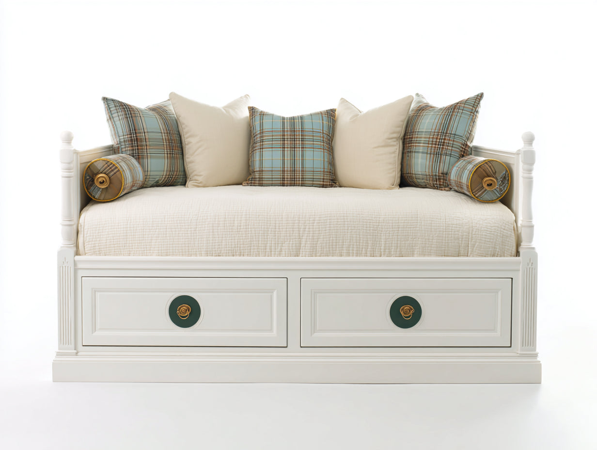 Sofás cama de madera 205 x 101 x 93 cm - Blanco y verde salvia - Diseño clásico con 2 cajones integrados