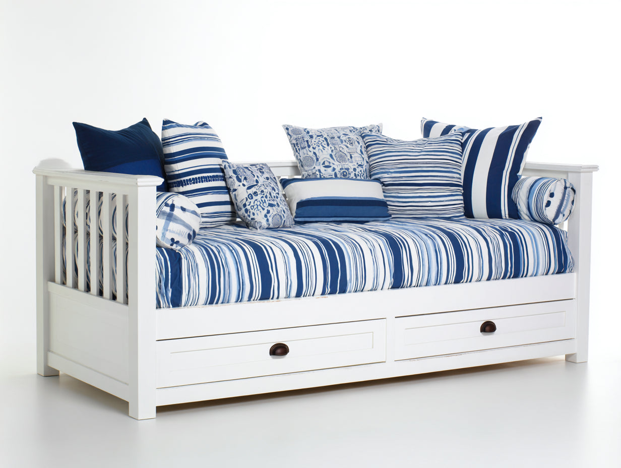 Sofás cama de madera con 2 cajones 208x98x91 cm - blanco y azul - diseño marinero para dormitorio