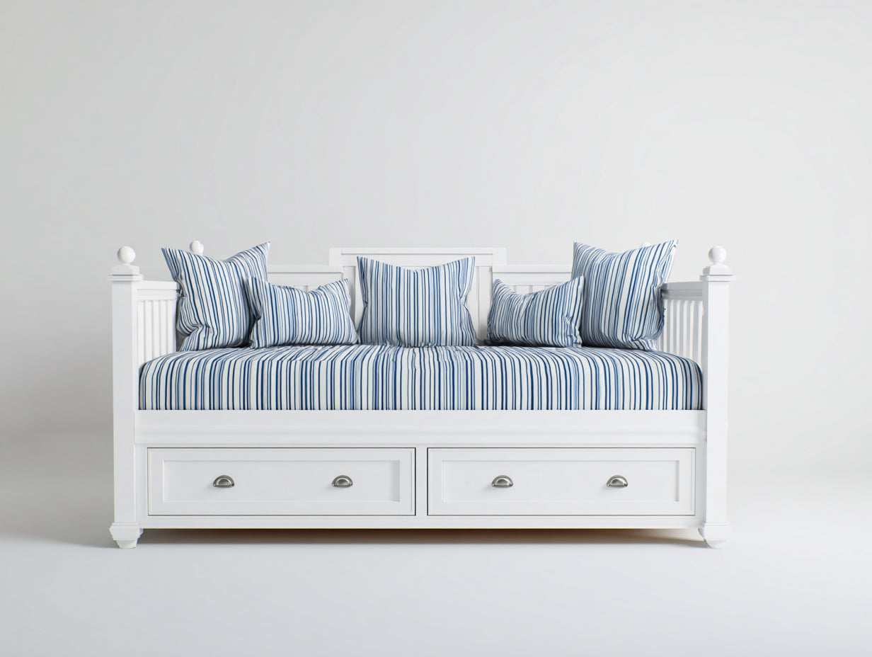 Sofás cama de madera con 2 cajones 208x98x102 cm - blanco y azul - diseño clásico marinero para dormitorio