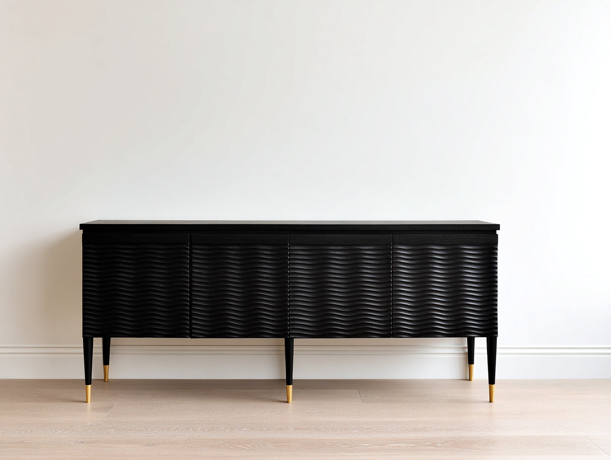 Mueble recibidor de madera 180 x 43 x 82 cm - Negro y dorado - Diseño elegante con 4 puertas onduladas