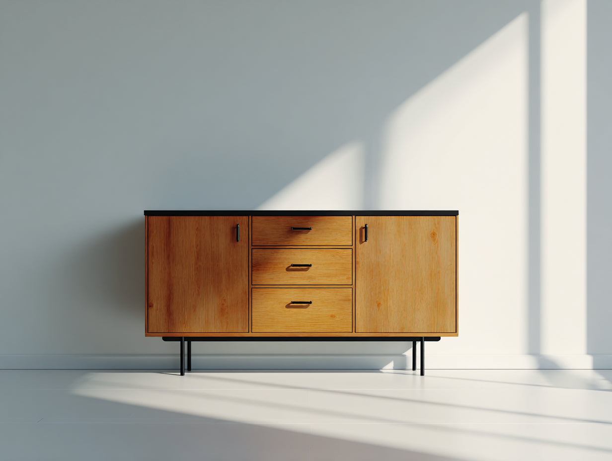 Mueble recibidor de madera 165 x 43 x 80 cm - Marrón natural y negro - Diseño moderno con 2 puertas y 3 cajones