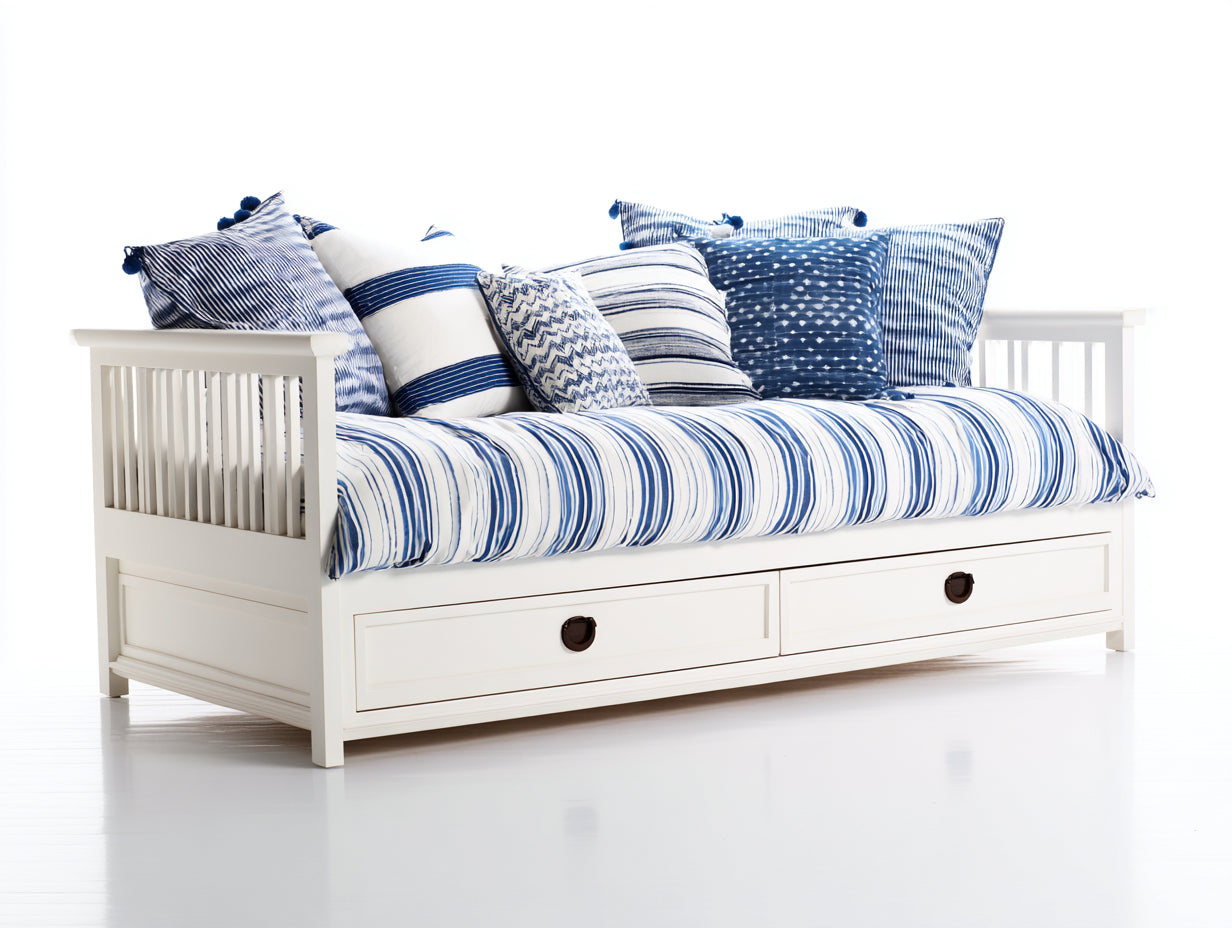 Sofás cama de madera 208 x 103 x 91 cm - Blanco y azul marino - Diseño costero con 2 cajones integrados