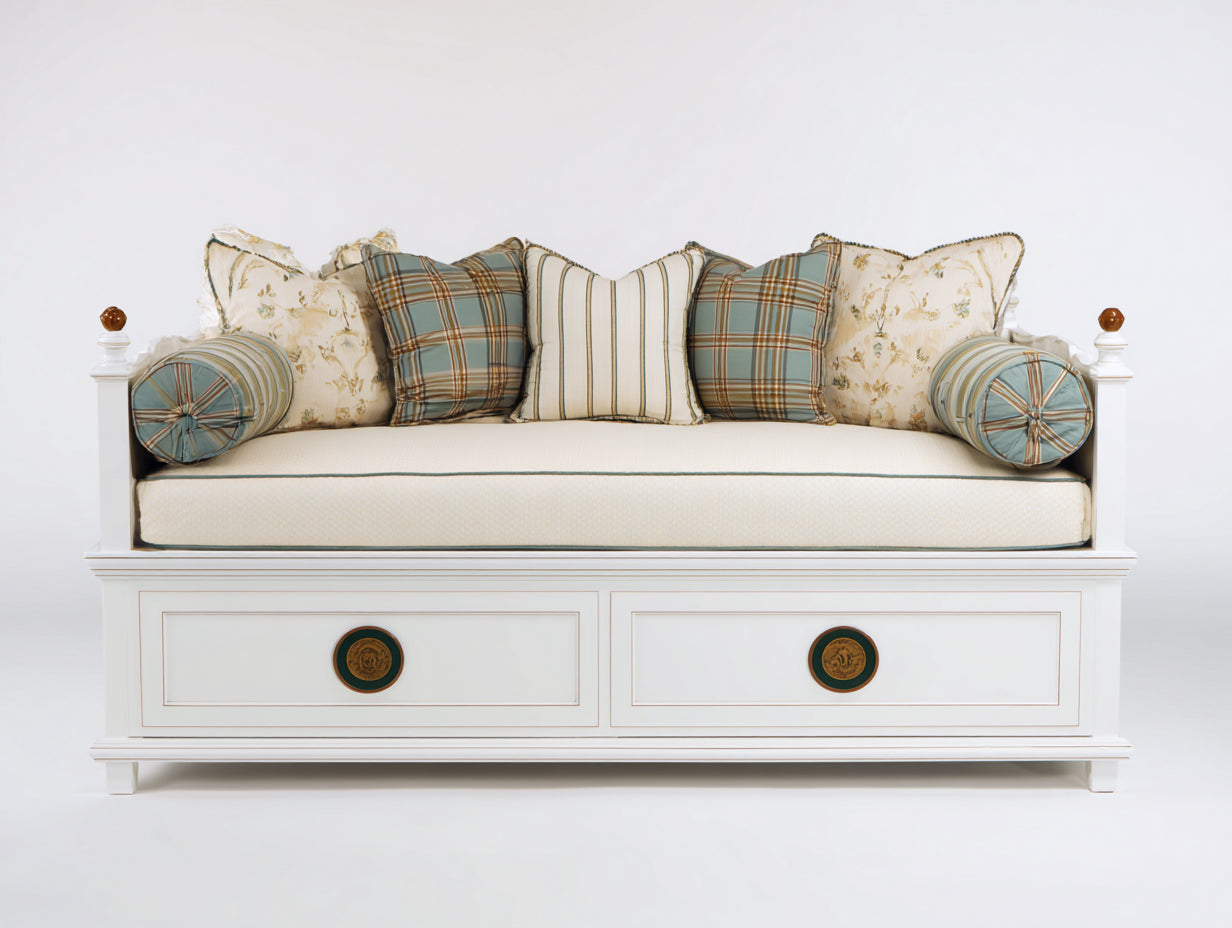 Sofás cama de madera 207 x 102 x 95 cm - Blanco y crema - Diseño clásico con 2 cajones integrados