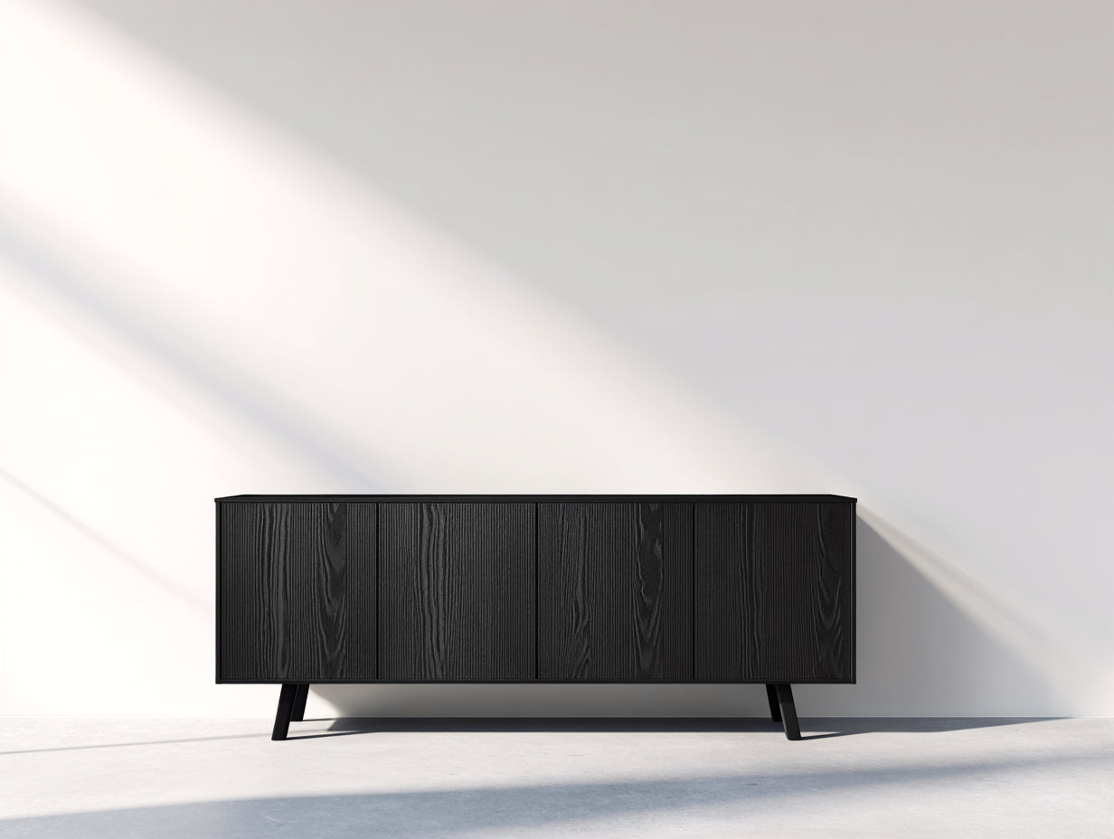 Mueble recibidor de madera 180 x 43 x 75 cm - Negro - Diseño minimalista con 4 puertas y vetas verticales