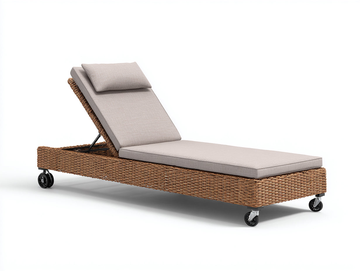 Tumbonas de ratán trenzado regulables con ruedas 200x72x95 cm - marrón natural - diseño móvil para terraza y jardín