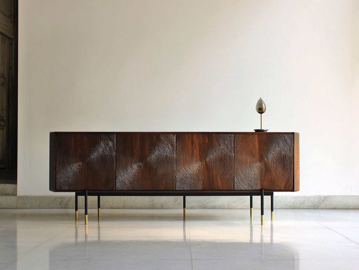 Mueble recibidor de madera con 4 puertas 180x44x82 cm - nogal y negro - diseño contemporáneo texturizado para entrada