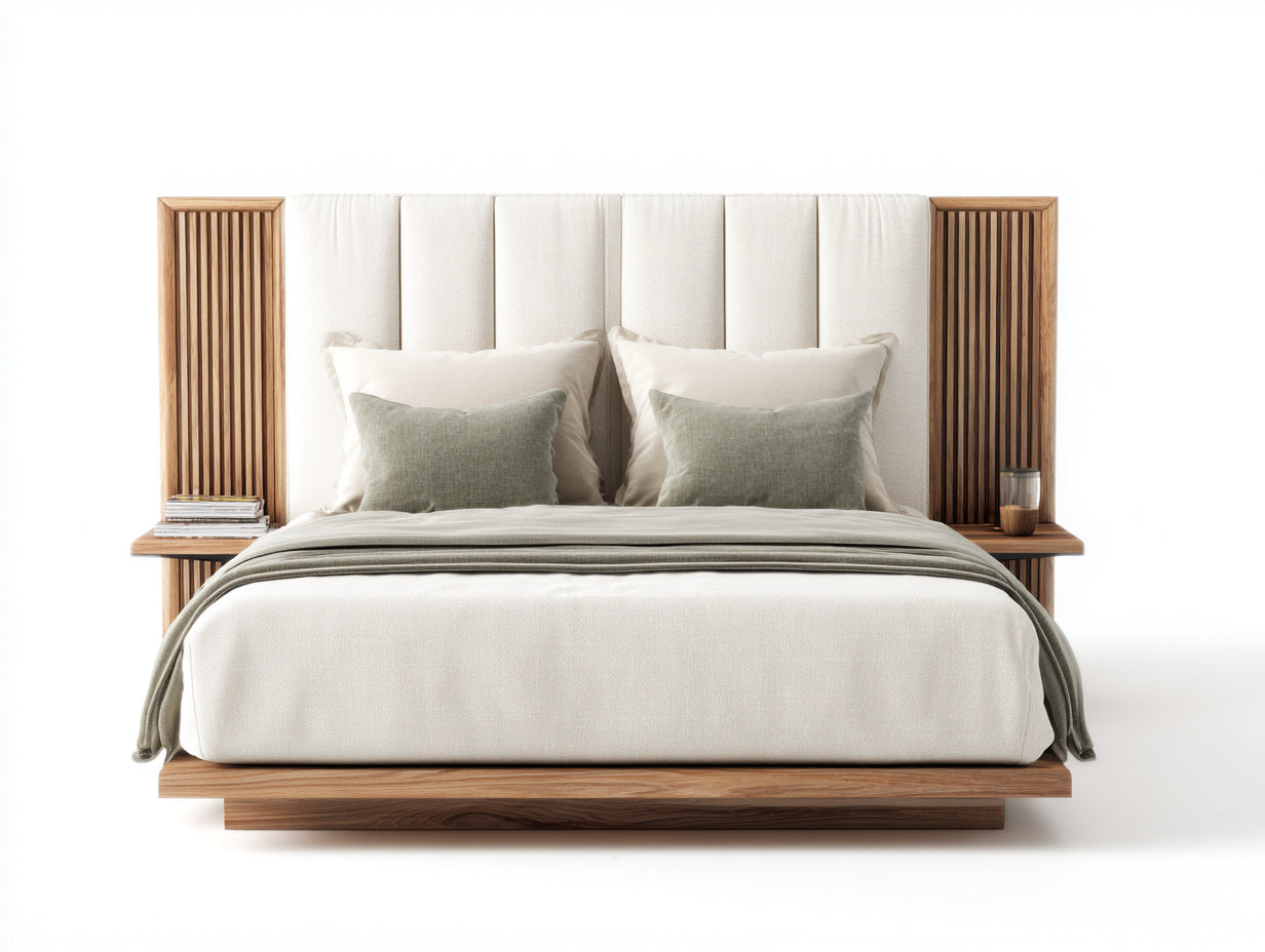 Camas dobles de madera y tela 218 x 250 x 145 cm - Marrón natural y crema - Diseño moderno con cabecero tapizado y laterales integrados