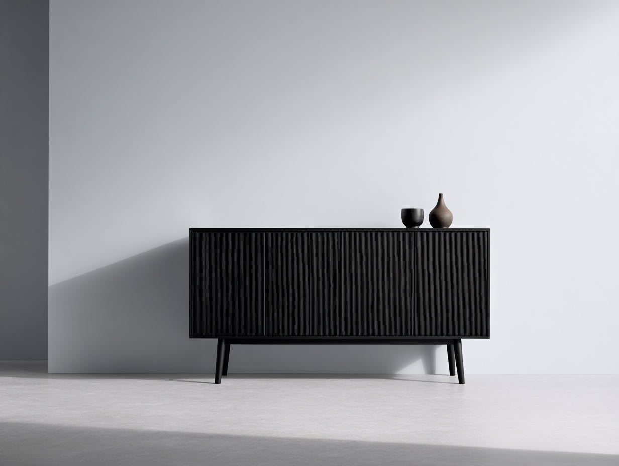 Mueble recibidor de madera con 4 puertas 160x42x82 cm - negro - diseño moderno acanalado para entrada