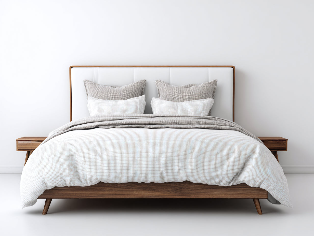 Camas dobles de madera con cabecero tapizado 215x180x115 cm - nogal y blanco - diseño moderno elevado para dormitorio