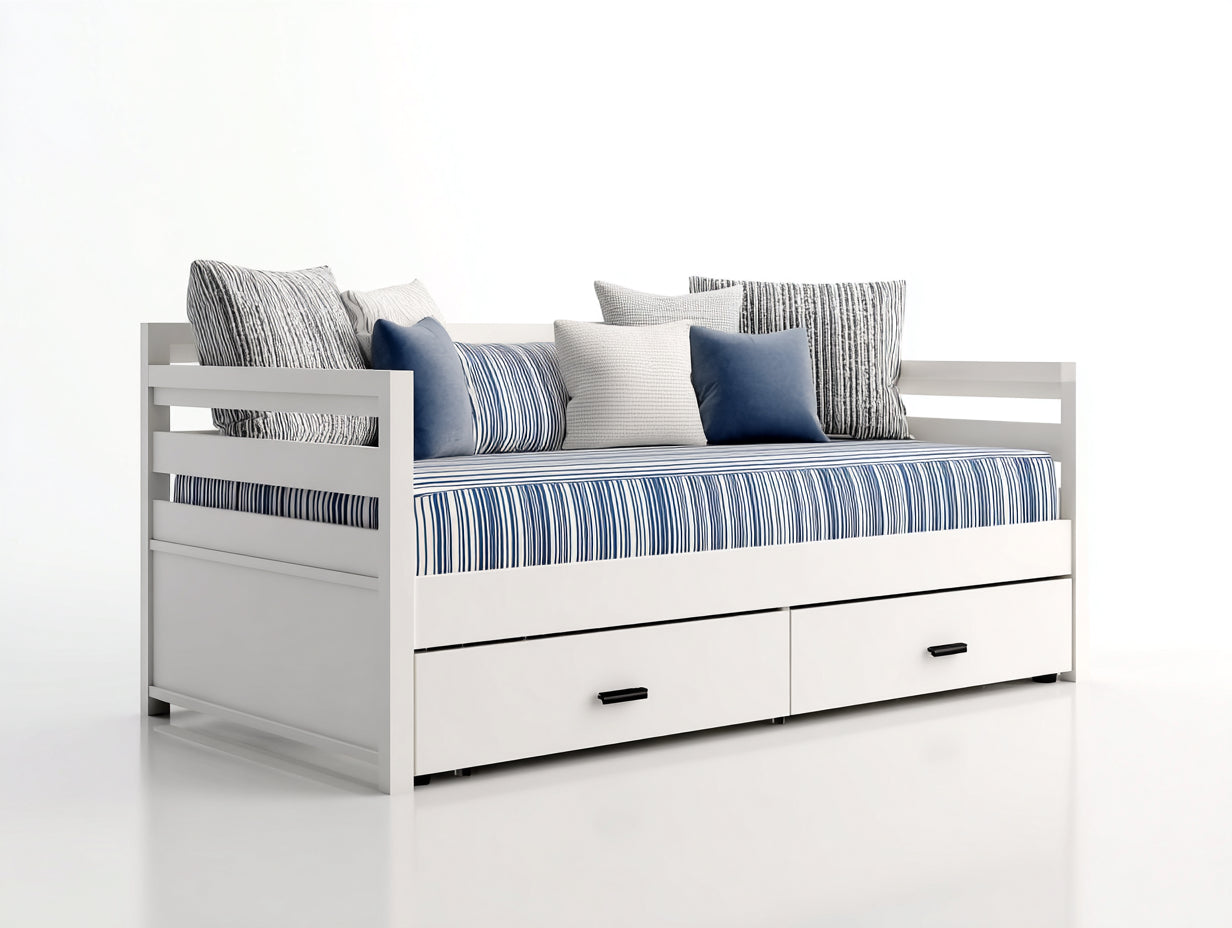 Sofás cama de madera 208 x 102 x 88 cm - Blanco y azul marino - Diseño moderno con 2 cajones inferiores