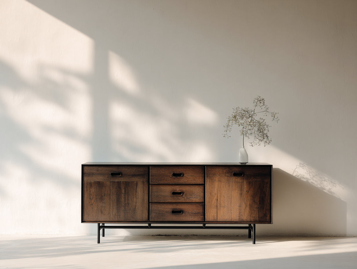 Mueble recibidor de madera 170 x 45 x 80 cm - Marrón nogal y negro - Diseño industrial con 2 puertas y 3 cajones