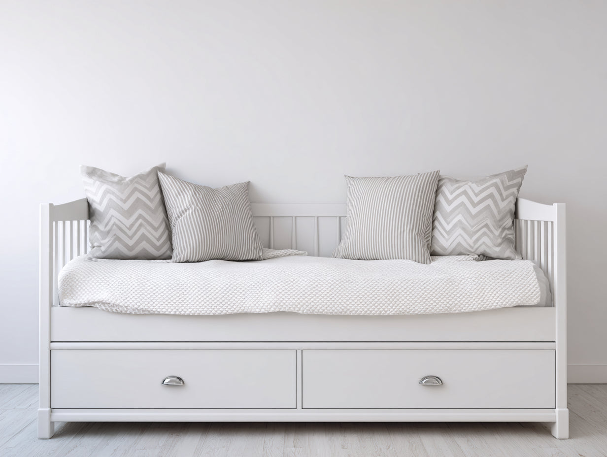 Sofás cama de madera con 2 cajones 205x96x90 cm - blanco y gris claro - diseño nórdico para dormitorio