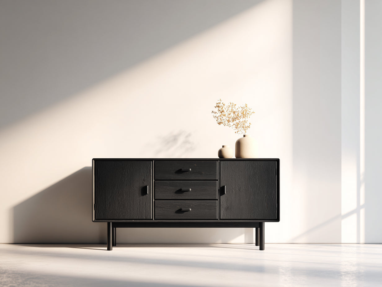 Mueble recibidor de madera 160 x 42 x 80 cm - Negro - Diseño moderno con 2 puertas y 3 cajones