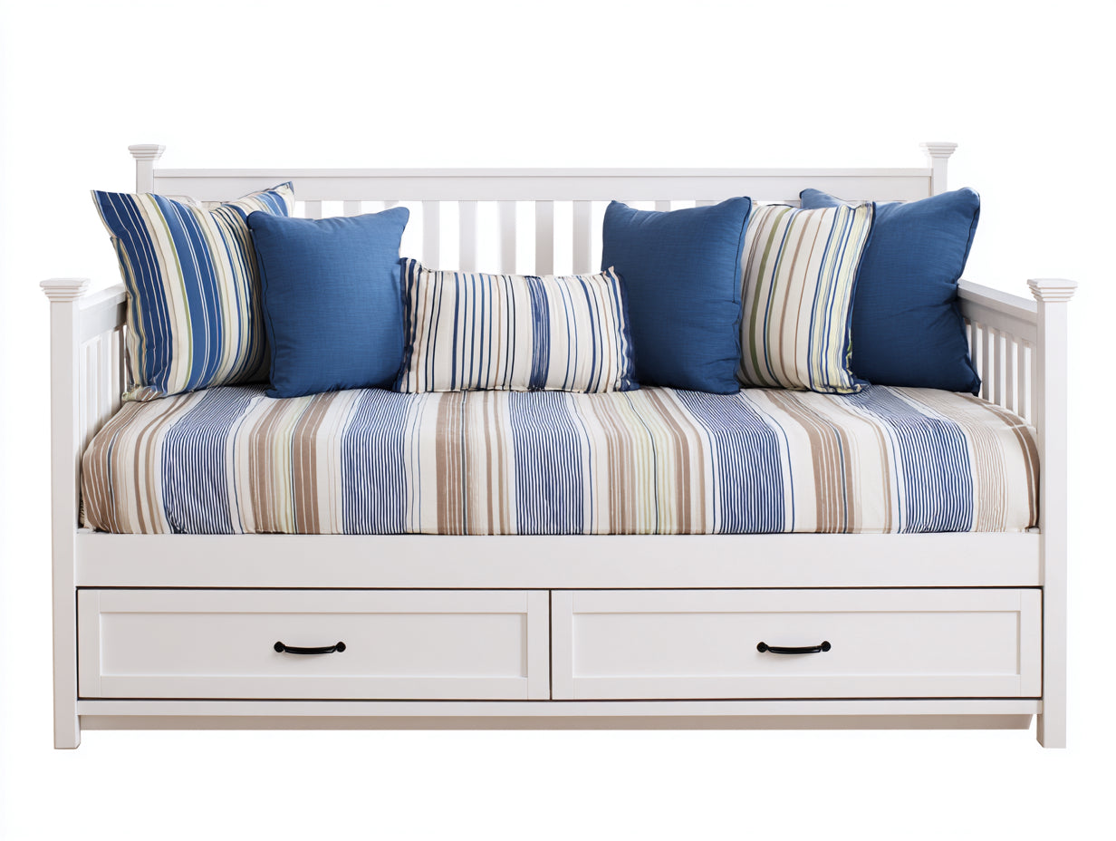 Sofás cama de madera con 2 cajones 210x99x105 cm - blanco azul y beige - diseño costero para dormitorio