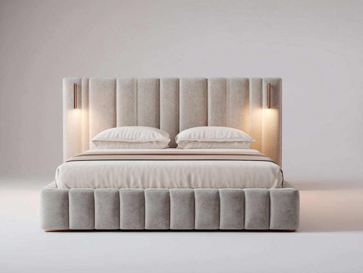 Camas dobles tapizadas 220 x 190 x 150 cm - Beige - Diseño moderno con cabecero alto e iluminación integrada