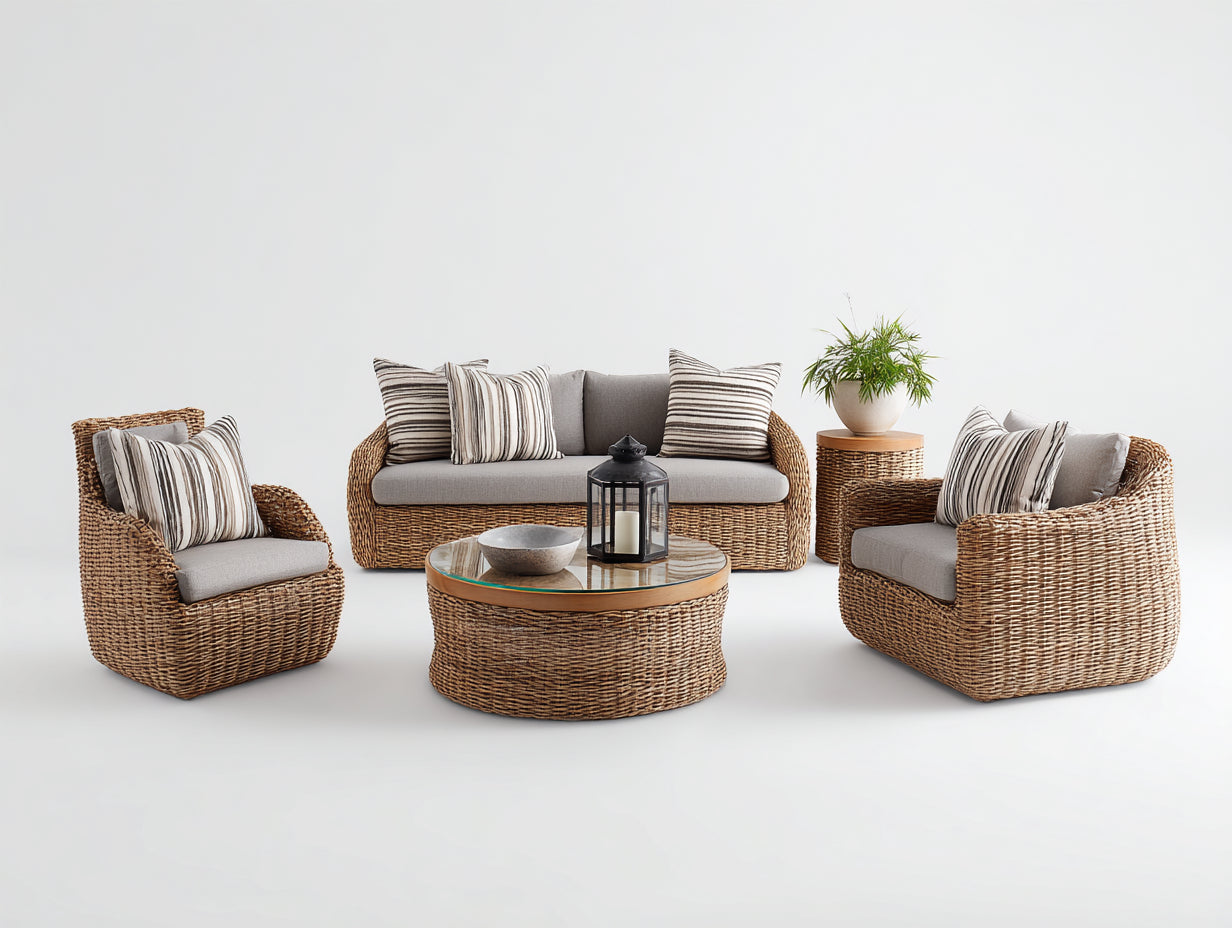 Sofás de exterior de ratán tejido 160 x 82 x 78 cm - Marrón natural y gris - Conjunto de jardín de 5 piezas con mesa de centro