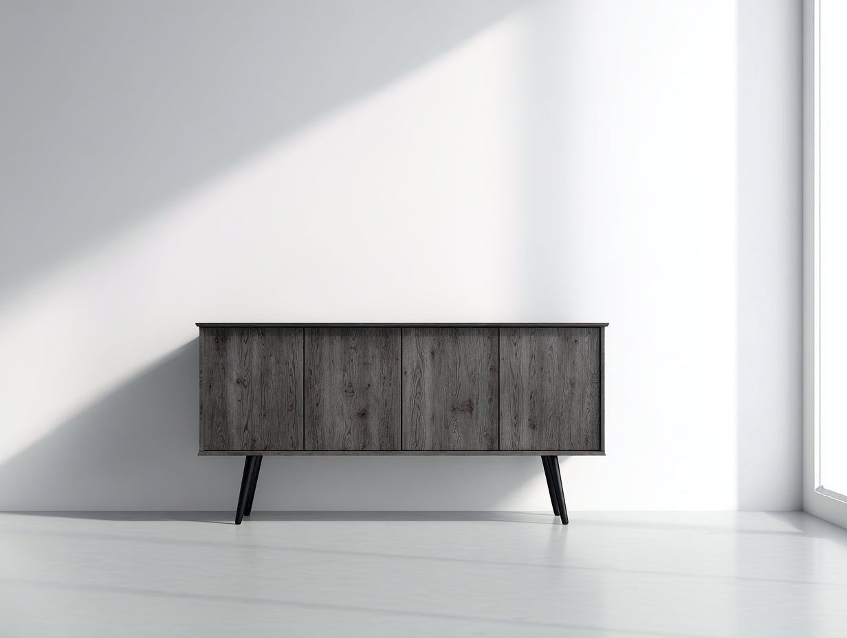 Mueble recibidor de madera con 4 puertas 150x42x80 cm - gris oscuro y negro - diseño moderno para entrada