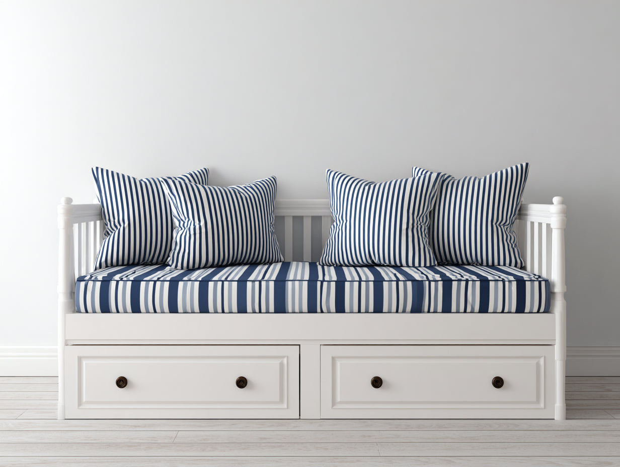Sofás cama de madera 205 x 100 x 92 cm - Blanco y azul marino - Diseño costero con 2 cajones integrados
